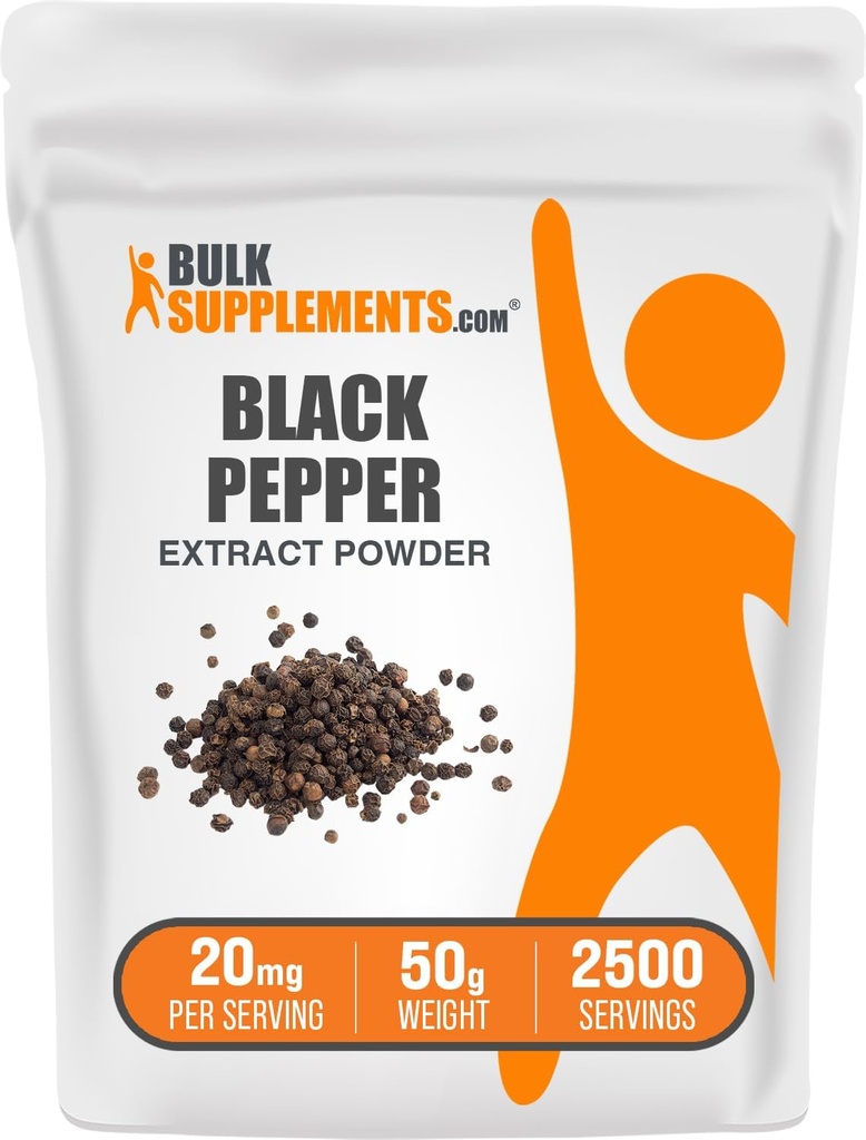 BulkSupplements.com Black Pepper Extract Powder - Black Pepper Supplements, Piperine Supplements - Vegan & Gluten Free, 20mg per Serving, 50g (1,8 oz) (Pack of 1)