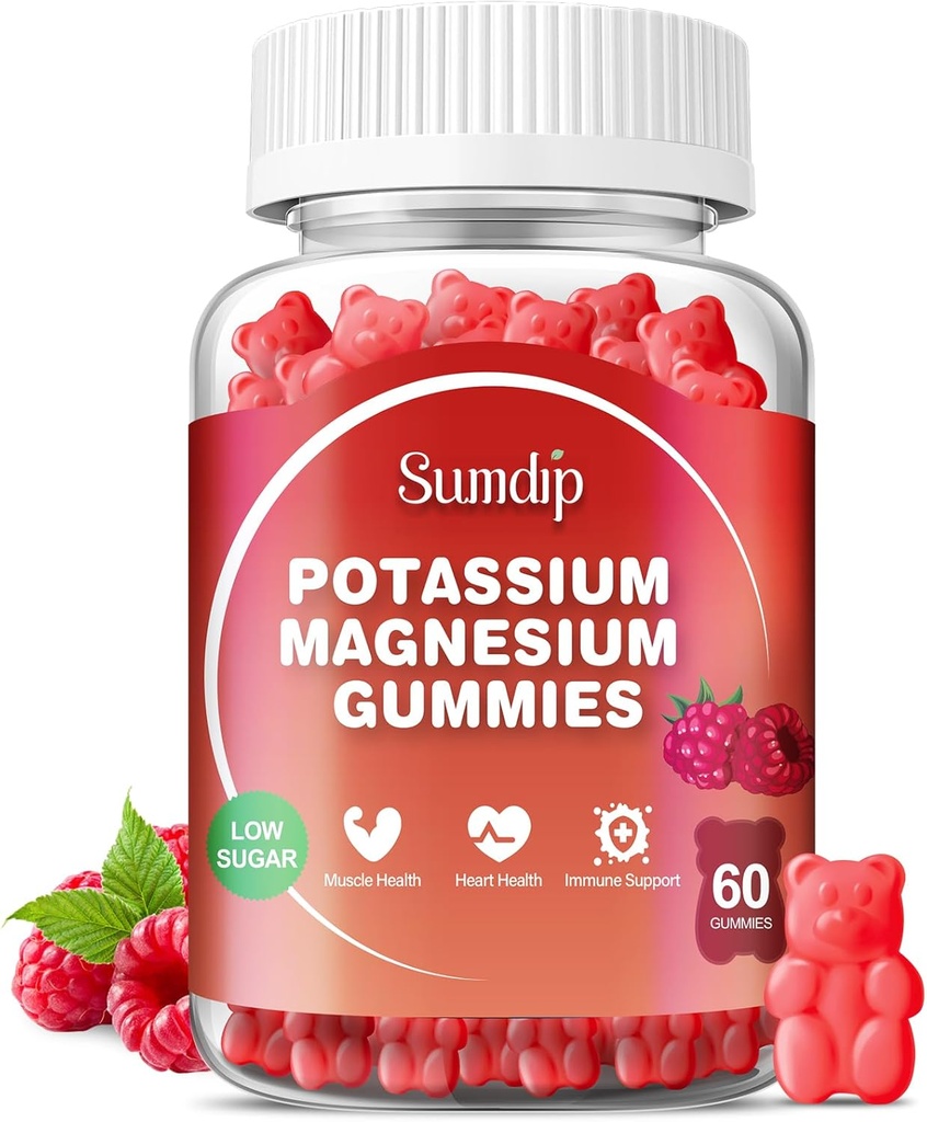 Kálium Magnézium Gumies Draslík Doplnky Vysoká absorpcia Dusičnan draselný Dusičnan horečnatý Dusičnan sodný, Podpora Noha Crumpy Sval Relaxácia pre mužov a ženy 60 Gumies, Malina