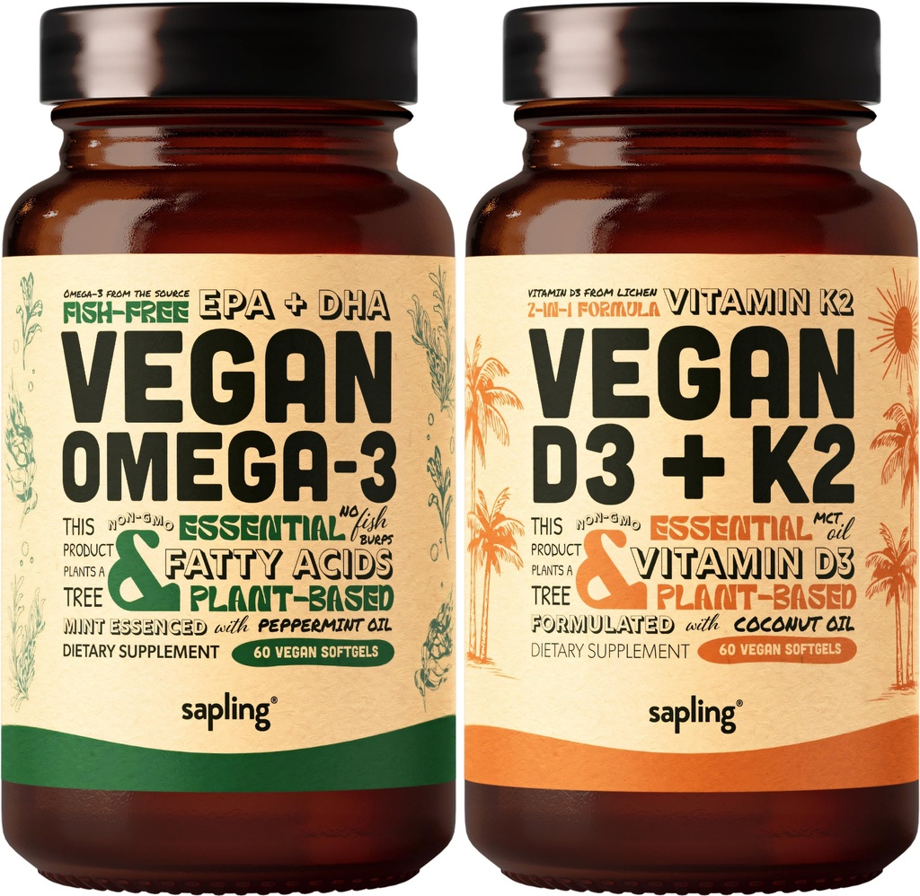 Vegan Omega 3 & Vegan vitamín D3 + K2 doplnok Bundle - Rastlinné DHA a EPA mastné kyseliny, 4000 IU vitamín D3 a 100 μg vitamín K2 ako Mk7