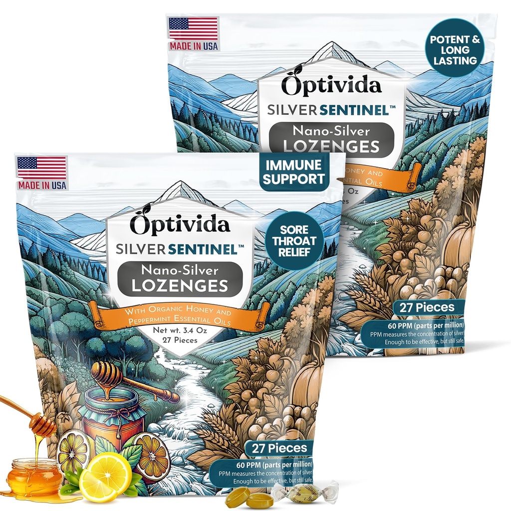 Optivida Health Koloidné striebro Lozenges s medom a citrónovým olejom (2 balenia) - Upokojujúce Sore Hrdlo Lozenges pre dospelých s úľavou od kašľa a rýchlo pôsobiacim Nano Silver Formula pre imunitnú podporu, 60 Ppm