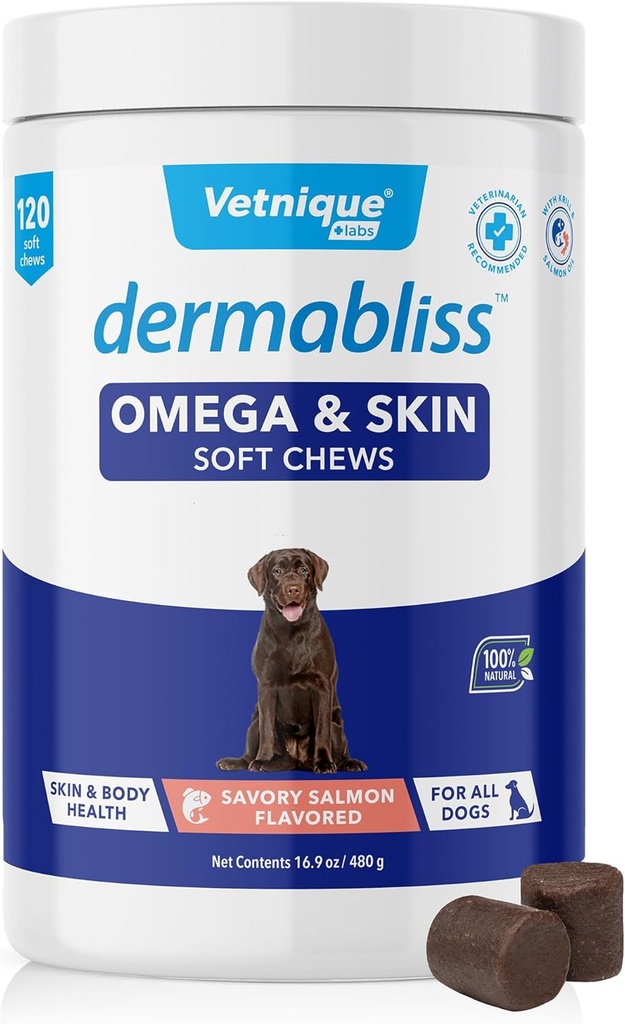 Vetnique Dermabliss Omega & Skin Health Fish Oil pre psy Mäkké žuvačky Zdravá pleť a pleť pre psy s biotínom a DHA - Hickory Salmon Dog Treats (120 gróf žuvačky)