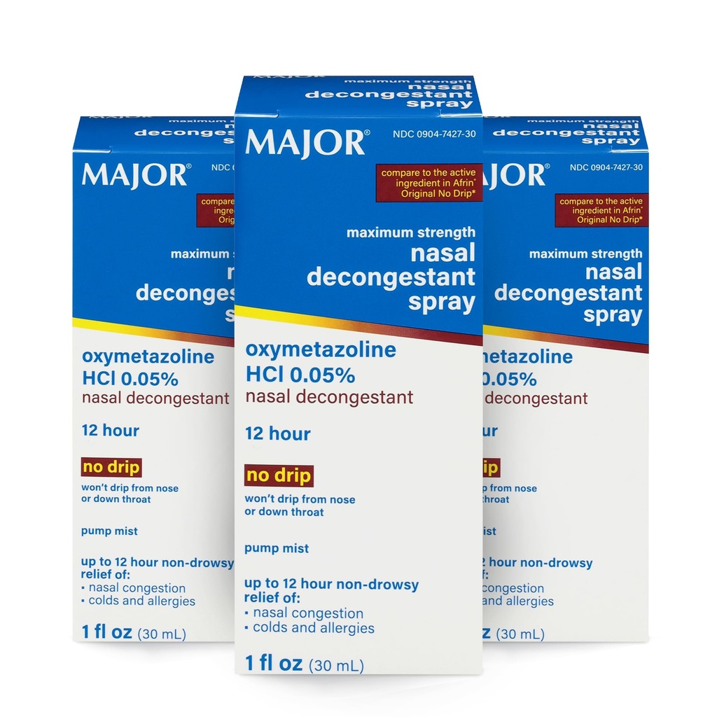 MAJOR Maximálna sila Nasal Dekongestant Spray, Oxymetazolín HCl 0,05% Pumpa Mist, Non-Drowsy Nasal Spray, až 12-hodinový Relief from nosal Congestion, Cold, and Alergies 1 Fl. Oz. (3-Pack)