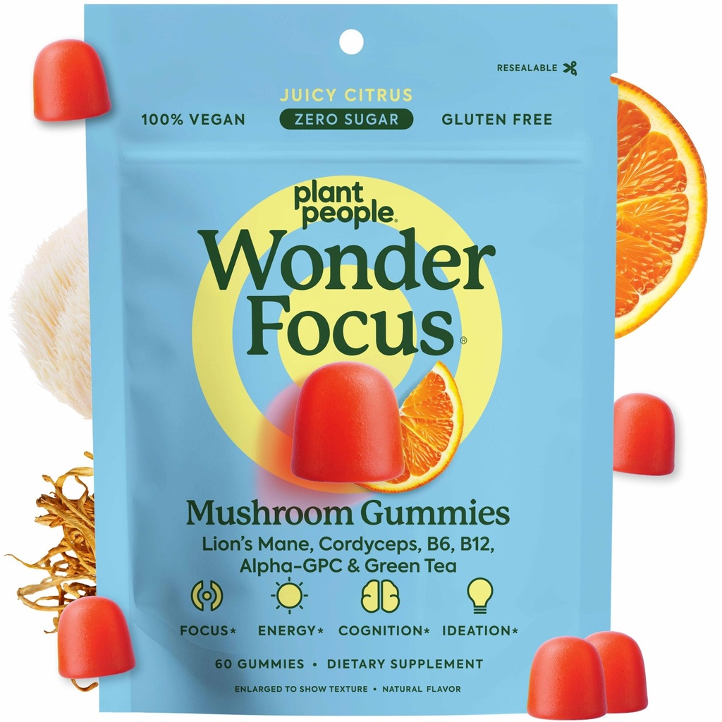 Plant People WonderFocus Hubové Gummy s Levom Mane & Cordyceps - Nootropic Brain Supplement Boosts Memory, Focus, Energy & Mood in Adults 