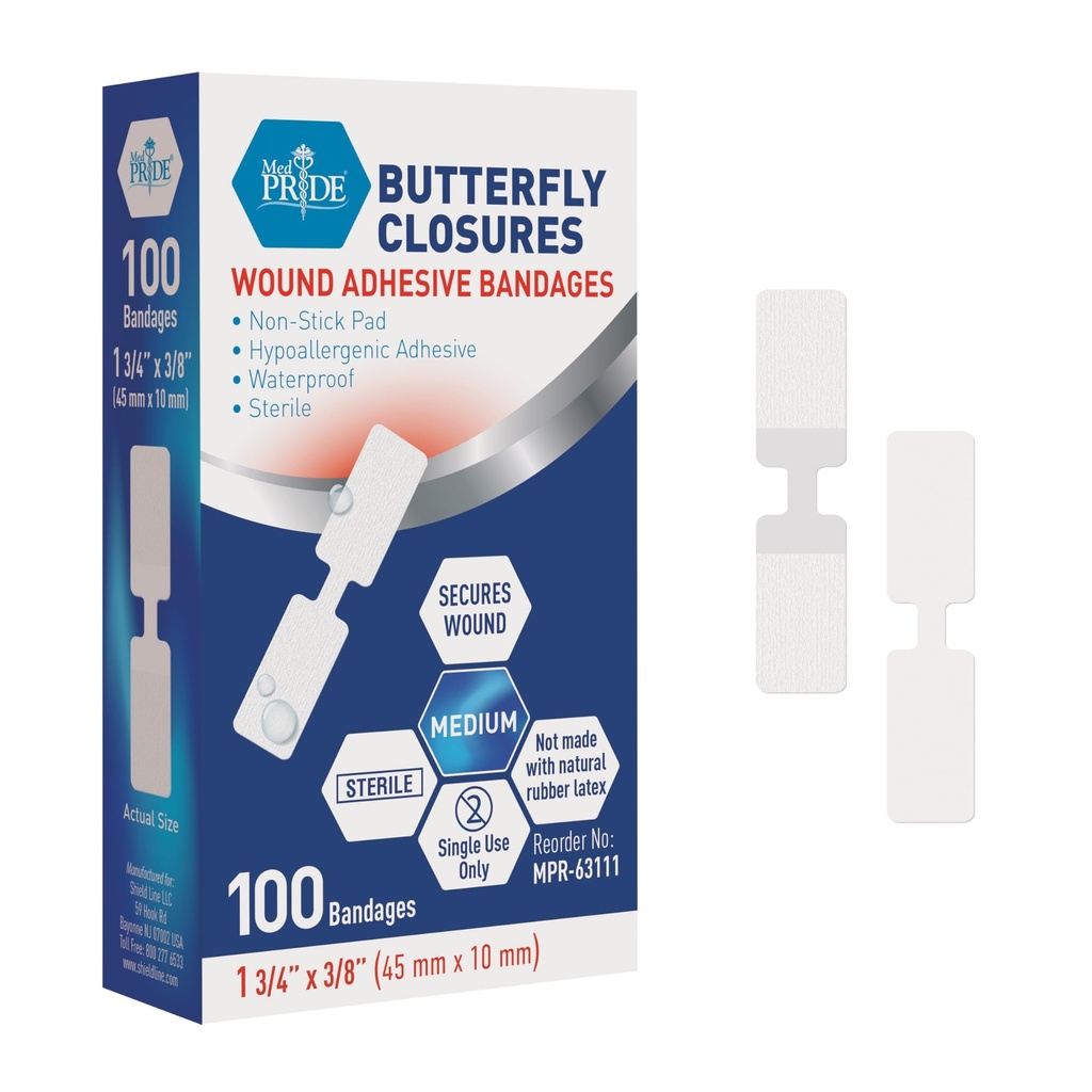 MED PRIDE Butterfly Wound Uzavreté pásy balenia 100 Sterilné nonstick Hypoalergénne Latex Free Bandáže pre rezy a zranenia (Medium)