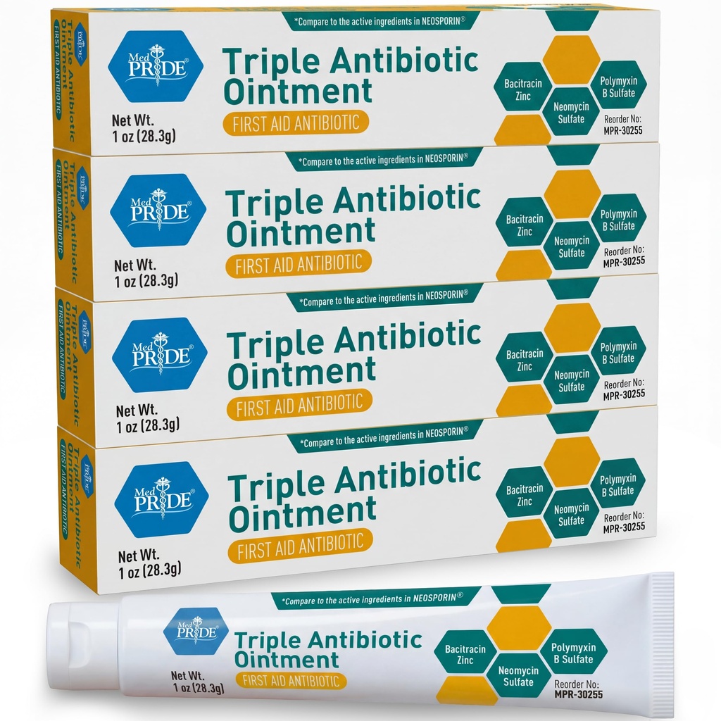 MED Pride Triple Antibiotic Pride Masť Tuba 1 Oz 4-Pack, Prvá pomoc pre menšie rany, Škrabance, Abrazions, s Zinkom, Neomycín, Polymyxin