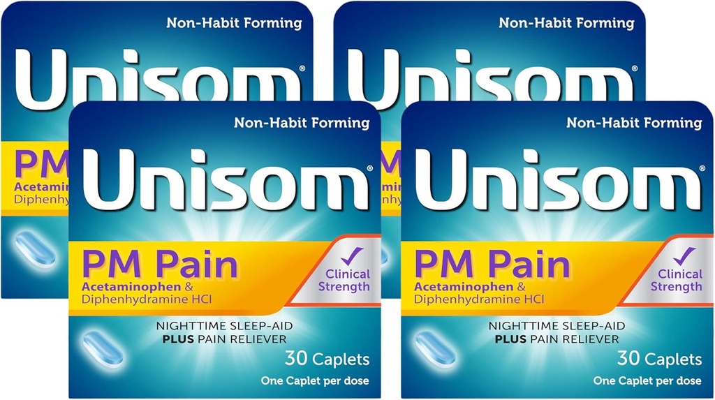 Unizom PM Pain Nighttime Sleep-aid + Pain Reliever, Acetaminophen & Difenhydramine HCI, 30 Caplets, 50 mg (pack of 4)