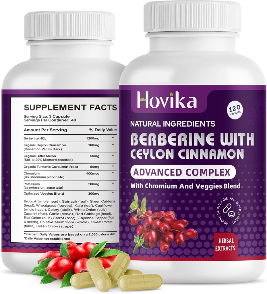 Berberine HCL kapsuly 1200 mg - Berberine Supplement with Ceylon škorica, Chróm, Veggies Blend - Podporuje metabolizmus a imunitný systém, zdravie Gut - 120 ct Ľahko prehltnúť Vegan pilulky
