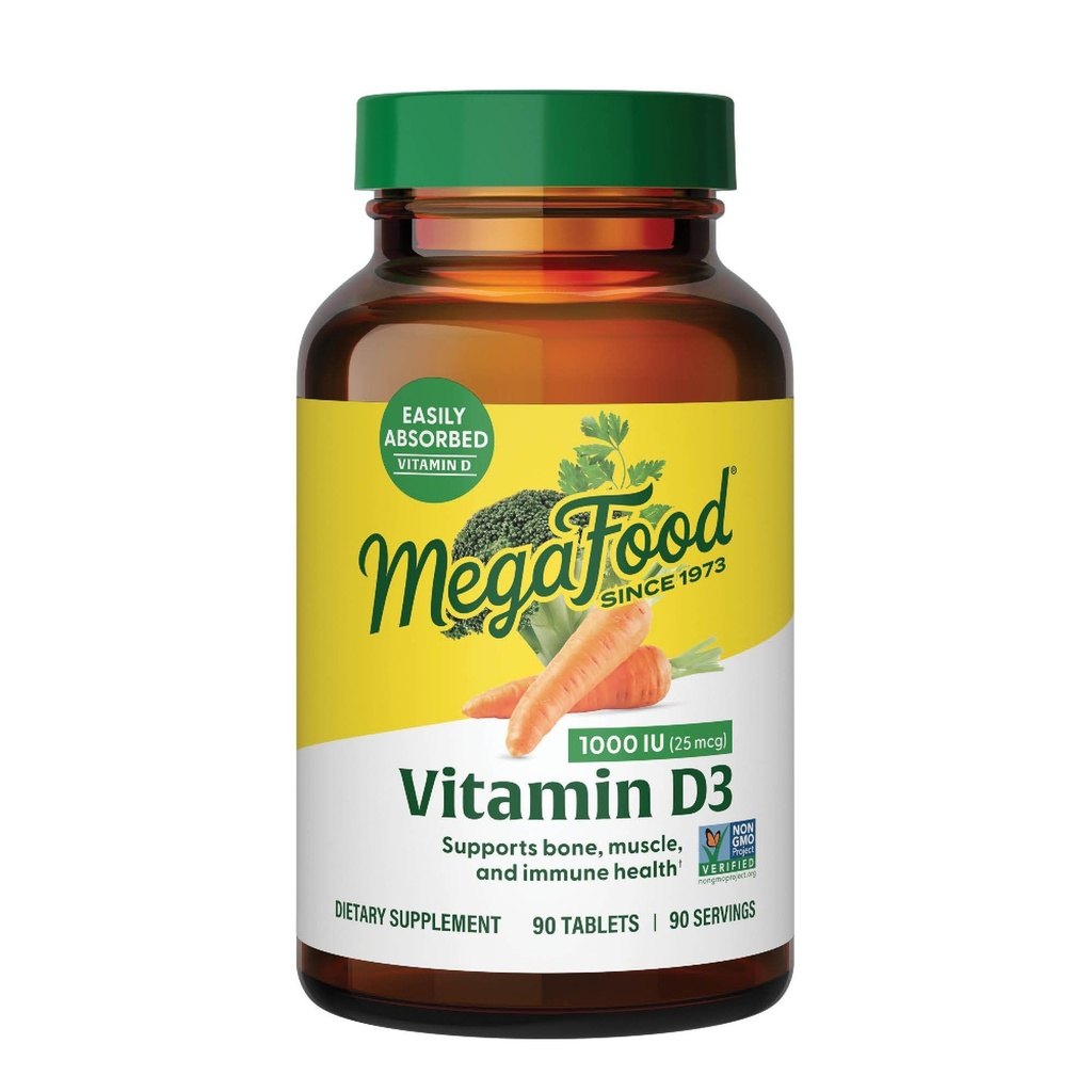 MegaFood Vitamín D3 1000 IU (25 μg) - Vitamín D doplnky s reálnym jedlom, Imunitná podpora, podporuje kosti, zuby a svaly, Vegetariánska, Gluten-free, non-GMO, Košer 