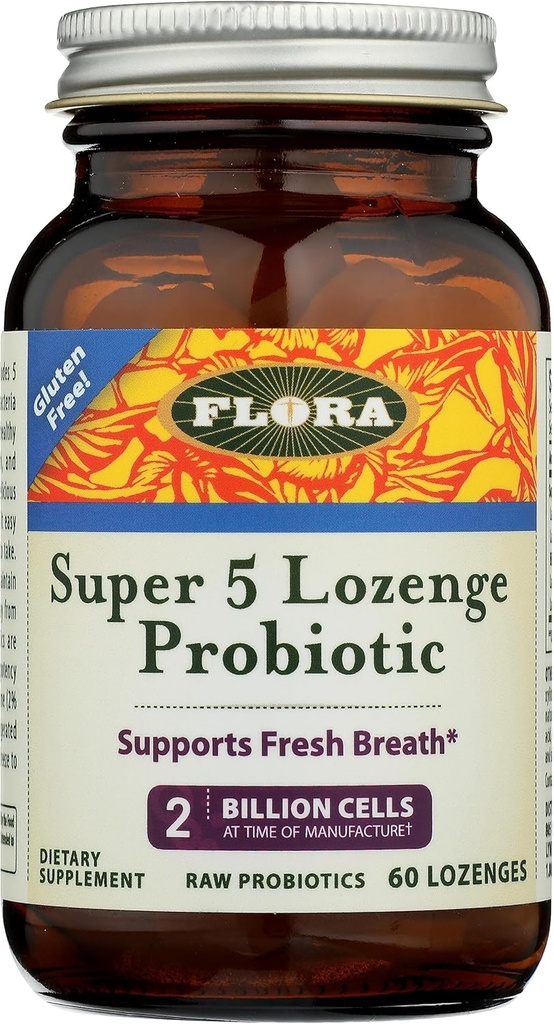 Flora - Super 5 Lozenge Probiotic, Malinová Ochutené ústnej probiotiká, Dobré pre zlý dych, päť kmeňov s 2 miliardami CFU, Regain a Reain Gut Health, RAW, 60 Lozenges