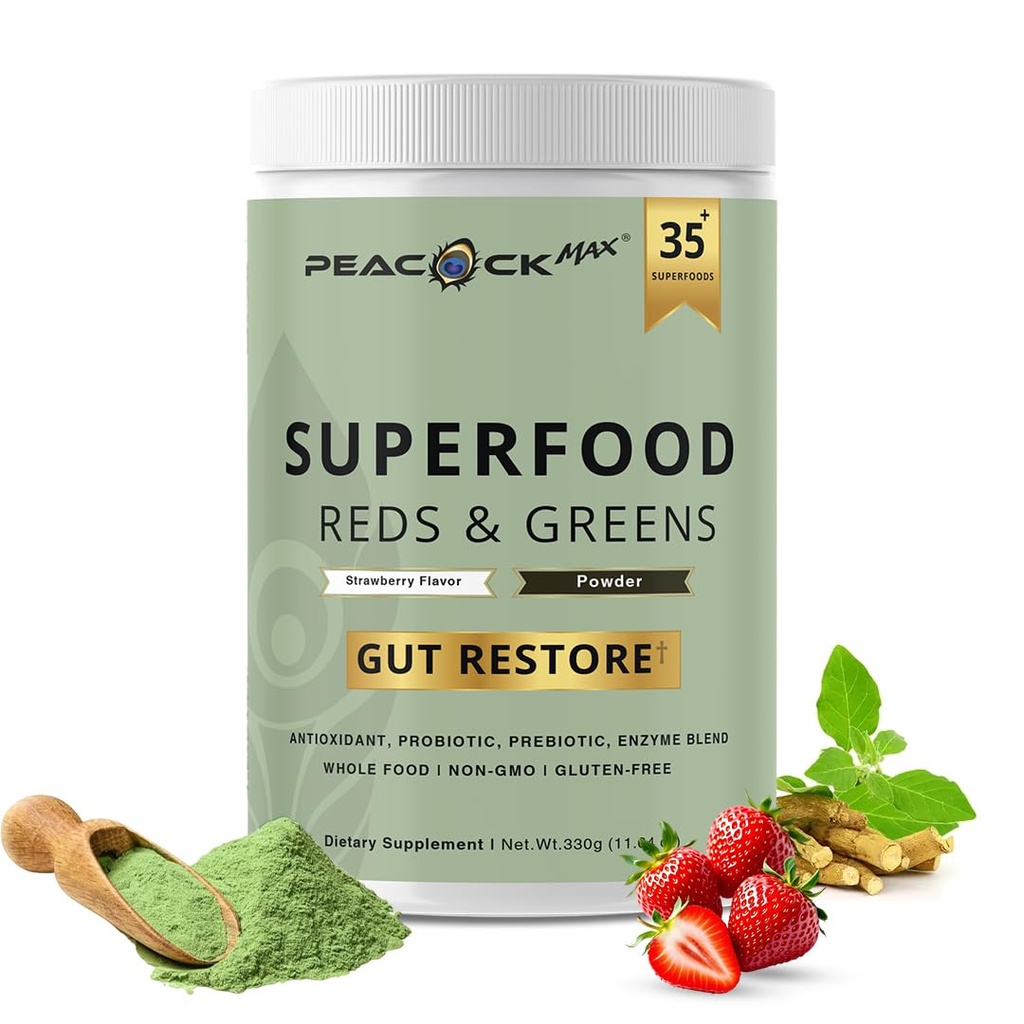 Superfood Reds & Greens Powder - 11.64 oz, Prebiotiká & Probiotiká pre trávne zdravie, Super Greens Powder s Ashwagandha pre zdravie Gut, imunita, Antioxidanty, Vegan, Non-GMO