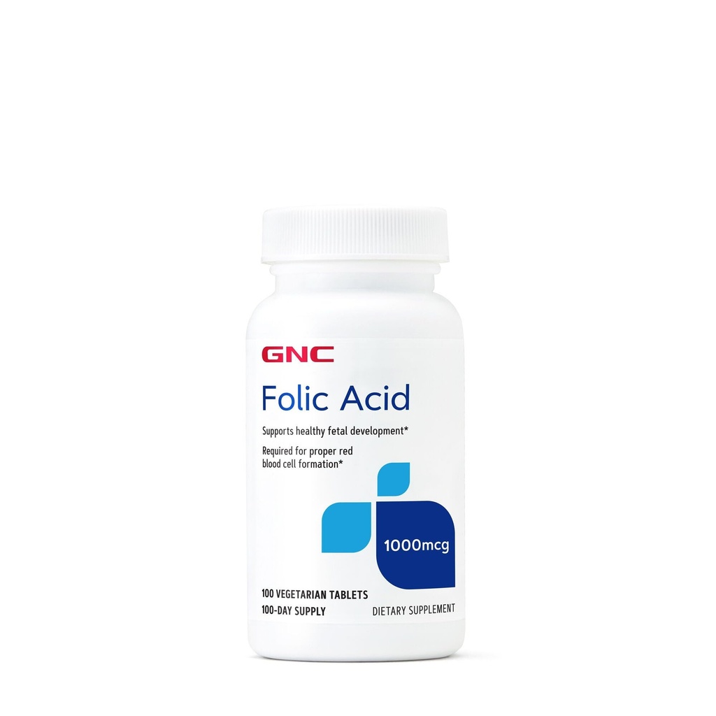 GNC folická kyselina 1000 μg, podporuje zdravý vývoj plodu, požadované pre správnu tvorbu červených krviniek, vegetariánska formula, 100 počet