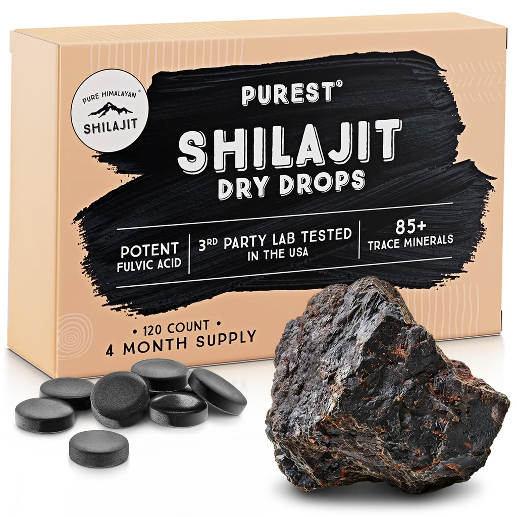 Pure Himalayan Shilajit Dry Drops, 100% Pure Natural Shilajit, Grade A, Max Potency 85+ Clean Trace Minerals & Fulvic Acid for Energy, Metabolizmus & Immune Suplement for Men & Women (120 tabs)