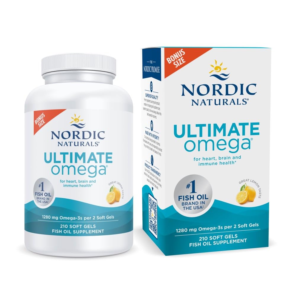 Nordic Naturals Ultimate Omega, Citrónová príchuť - 210 mäkkých gélov - 1280 mg Omega-3 - Fish Oil s vysokou pravdepodobnosťou s EPA & DHA - podporuje zdravie mozgu a srdca - non-GMO - 105 porcií