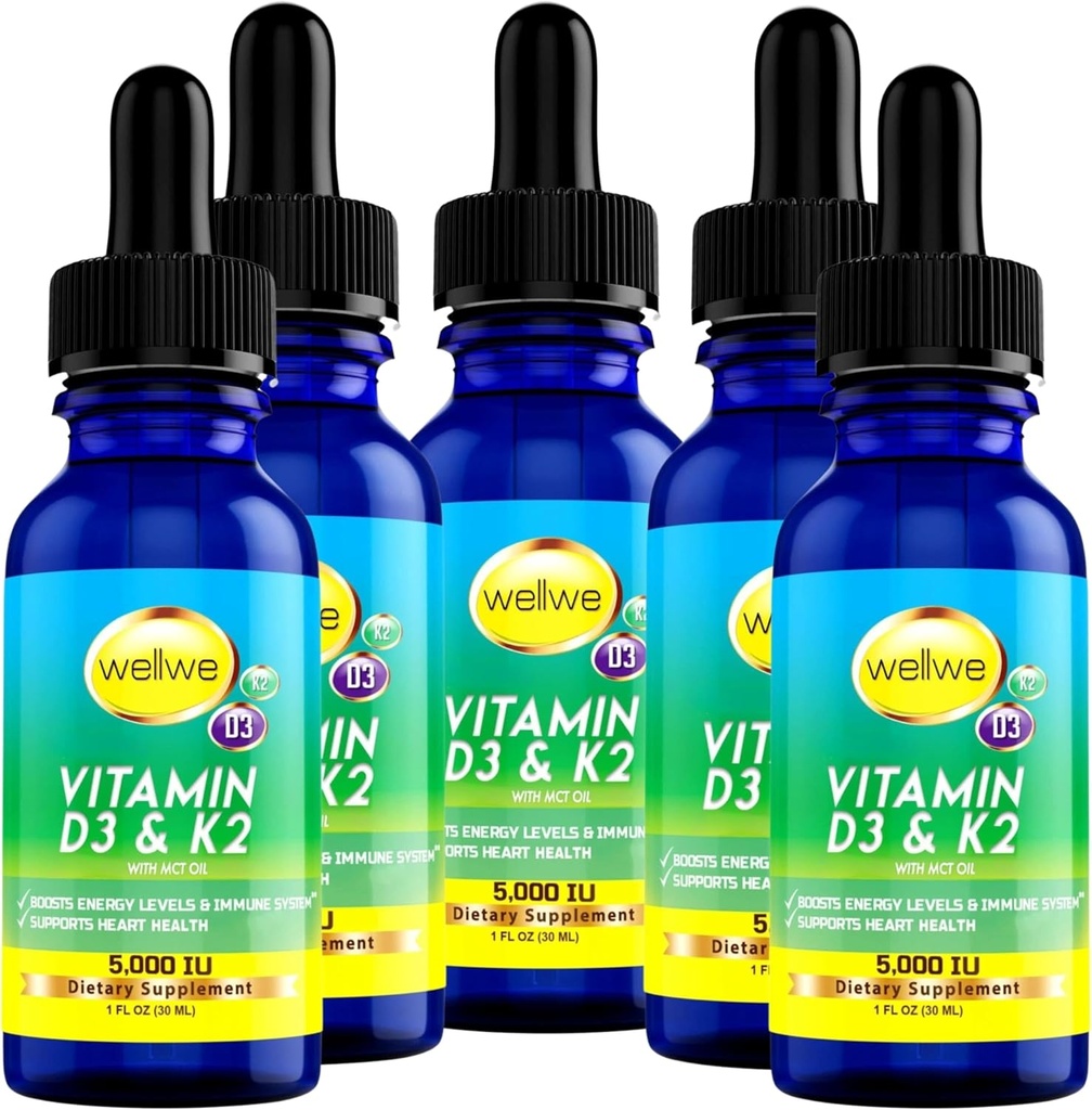 Tekutý vitamín D3 K2 kvapky 5000 IU - Vegan, bez chuti, bez zápachu, bez sóje, bez lepku, bez GMO, 1000 IU na kvapku, zvyšuje hladinu energie a imunitného systému, podporuje zdravie srdca (5 balenia)