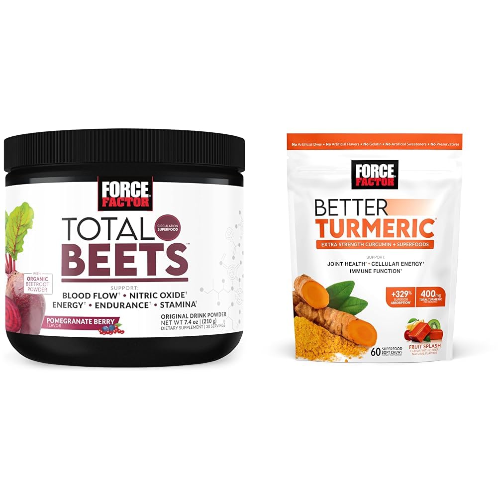 Force Factor Total Beets Prášok oxidu dusnatého pre cirkuláciu a podporu kĺbu Žuvačky s kurkumín Turmerica pre extra silu