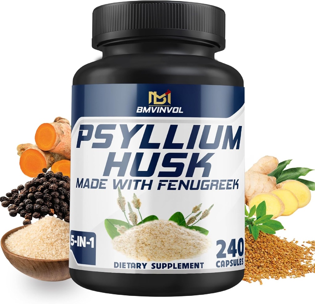 BMVINVOL Psyllium Husk Kapsule Fiber Supplement with Fenugreek, Turmeric, Ginger, Black Pepper - Podpora Tráviaci systém, Intestinálne zdravie - 240 Počet za 4 mesiace Zásobovanie