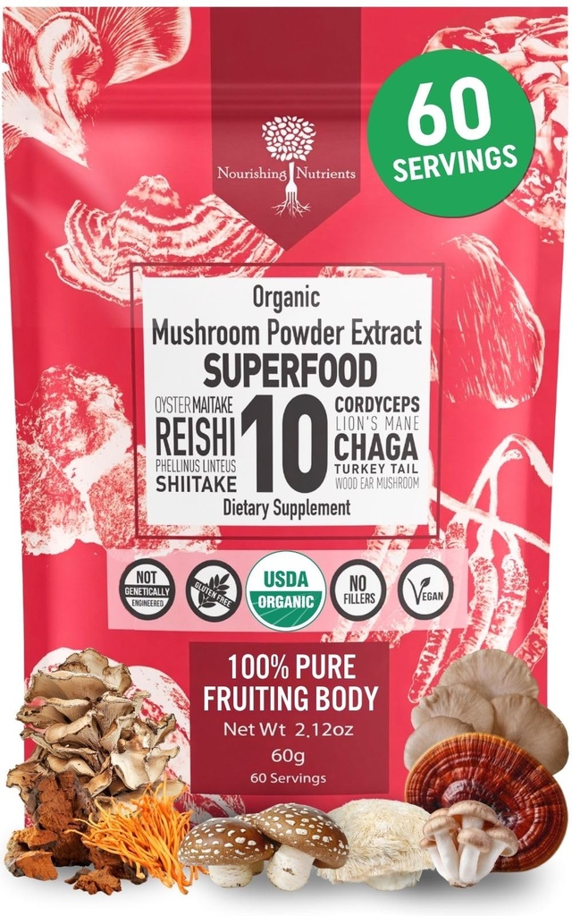 Organické Huba prášok extrakt -Superfood 10 dodatok 14x Silnejší 100% Pure USDA Imunity Booster- Reishi, Chaga, Cordyceps, Shiitake, Lions Mane, Turecko chvost a ďalšie. Pridať do kávy/Tea 60 Grams