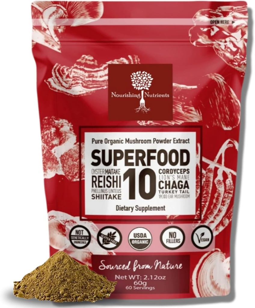 Organické Huba prášok extrakt -Superfood 10 dodatok 14x Silnejší 100% Pure USDA Imunity Booster- Reishi, Chaga, Cordyceps, Shiitake, Lions Mane, Turecko chvost a ďalšie. Pridať do kávy/Tea 60 Grams