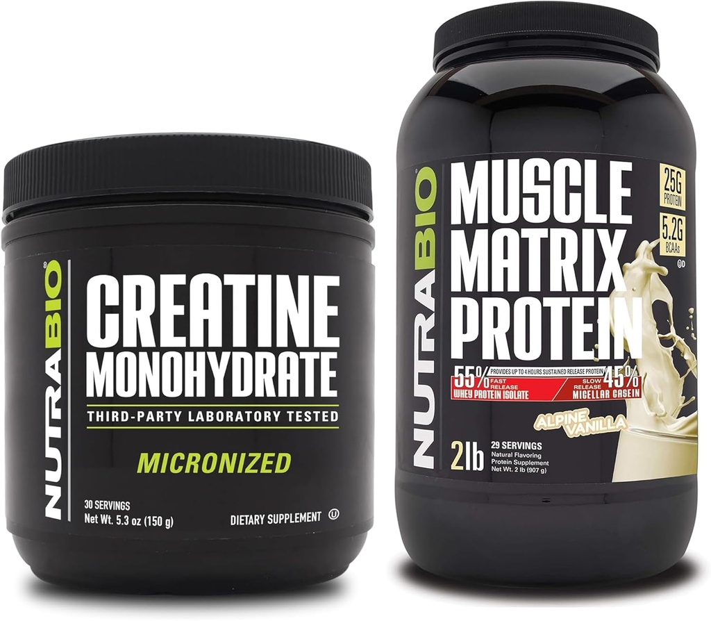 NutraBio Creatin Monohydrát, Neochutený, (150 g) a svalovej Matrix Proteín prášok, (Vanilla) doplnok Bundle 