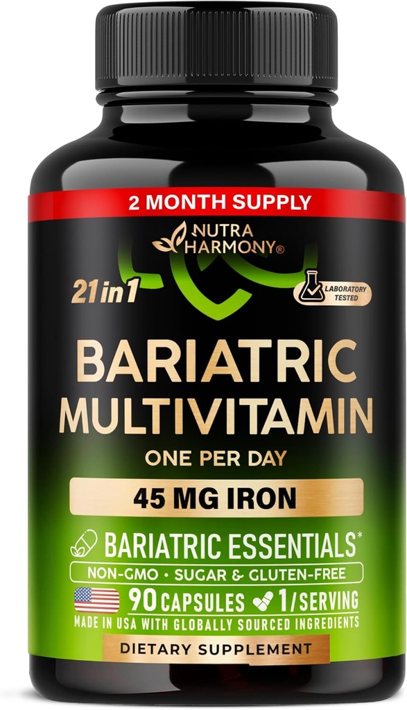 Bariatrické multivitamíny - 45 mg doplnky železa - vyrobené v USA - pre ženy a mužov - All-in-One, 21 Essential Vitamíny - Podpora žalúdočného rukáva - bez cukru, lepku a sóje - 90 kapsúl, raz denne