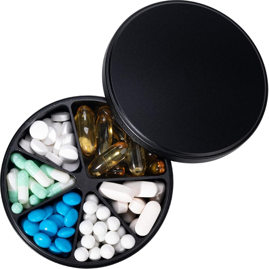 Organizátor tabletiek so 6 oddeleniami - Heavy Duty Metal Daily Pill Case, Large Pill Container Holder, Waterproof Medication Dispenser Pill Box pre vitamín Supplement Fish Oils, 0.38lb, Black