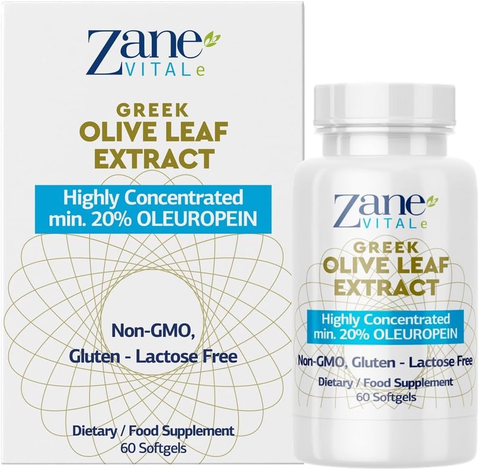 Zane Greek Olive Leaf Extract - min. 20% Oleuropein - Poskytuje Immune and Healthy Blood Pressure Support, Podporuje Kardiovaskulárny systém Zdravie - 60 Kapsule Non-GMO, Gluten - Laktóza