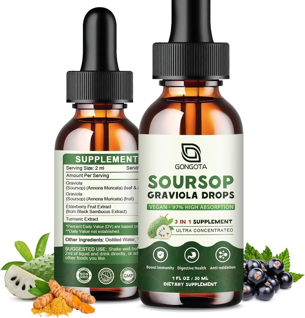 Soursop Graviola Leaf extrakt kvapky pre Cellular Podpora, Antioxidant, Pečeň, Tráviaca podpora, Vegan Soursop Bitters kvapky, Bylinné esencie, Bez cukru / Gluten, Prírodná chuť - 2 fl oz