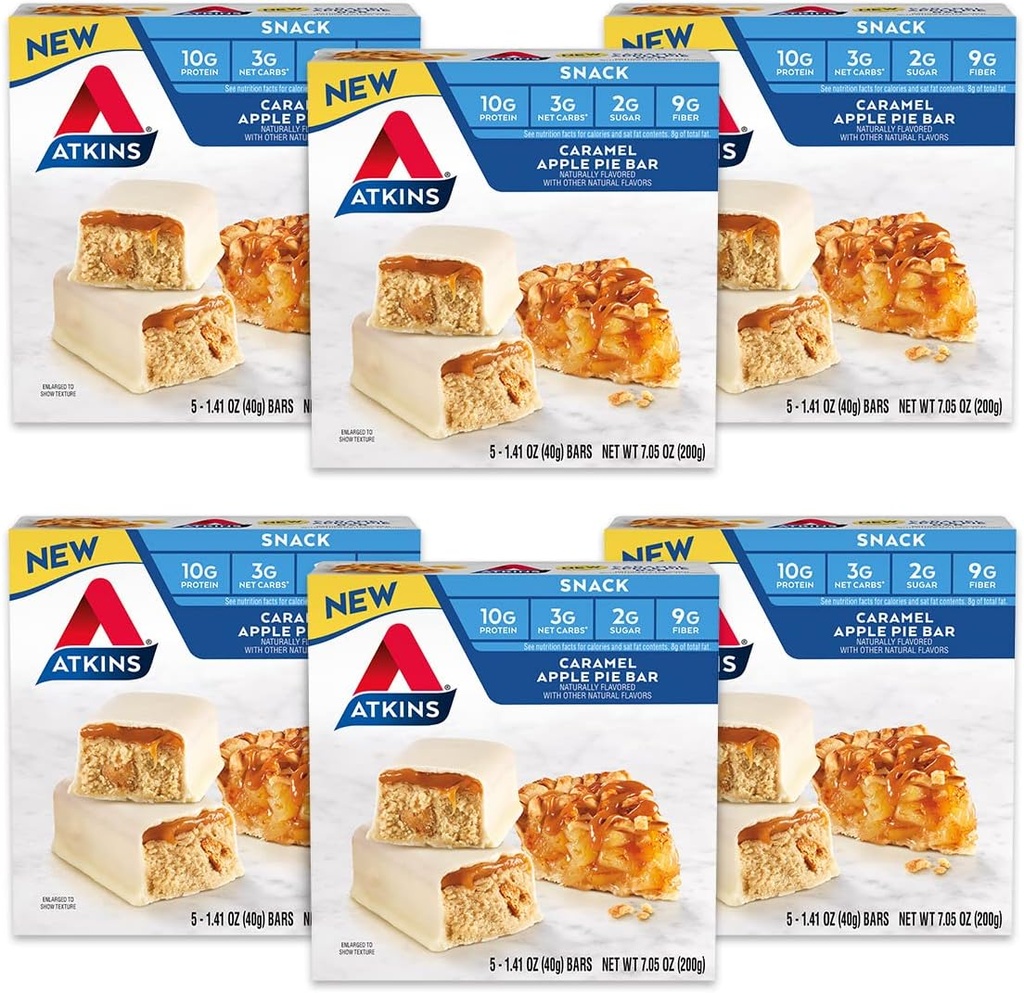 Atkins Snack Bar, Caramel Apple Pie, Prirodzene ochutený, Dobrý zdroj bielkovín a vlákniny, Nízky cukor (30 Bars)