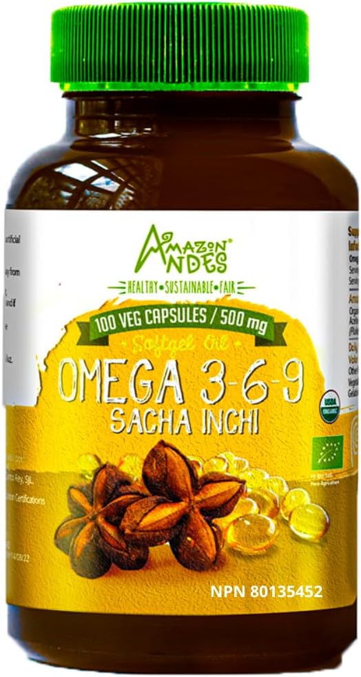 Amazon Andes Sacha Inchi Oil Kapsule - Zdroj omegasu 3, 6 a 9 - Zdravší zdroj esenciálnych mastných kyselín - Vegan, Non-GMO, bez alergie a lepku - 100 Softgel Pills (500mg) - Made in Peru