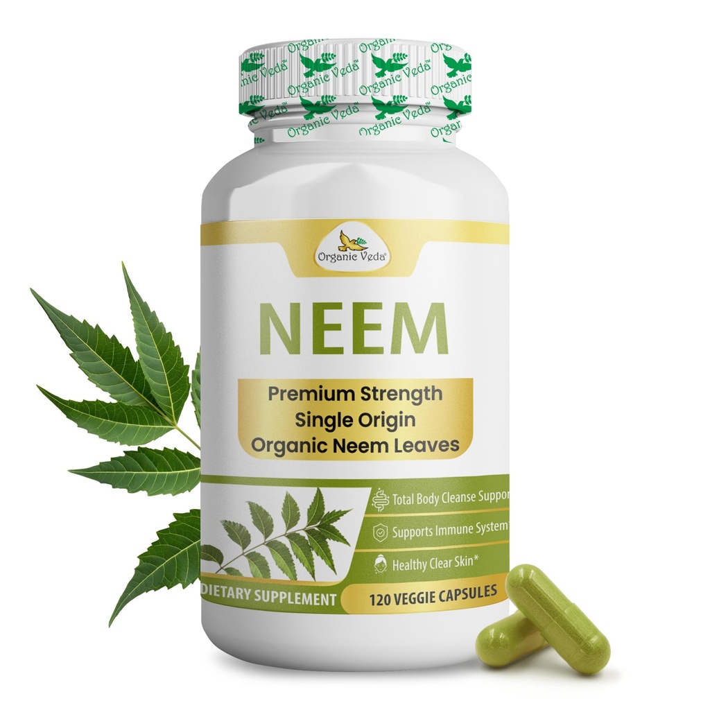 Organické Veda Neem Kapsule, 1000 mg - Organické bylinné doplnky vyrobené s Ayurvedic India Neem Leaf Powder - Podporuje Radiant kože, Immune, Detox, Zdravé zápalové reakcie - 120 Veggie Kapsule