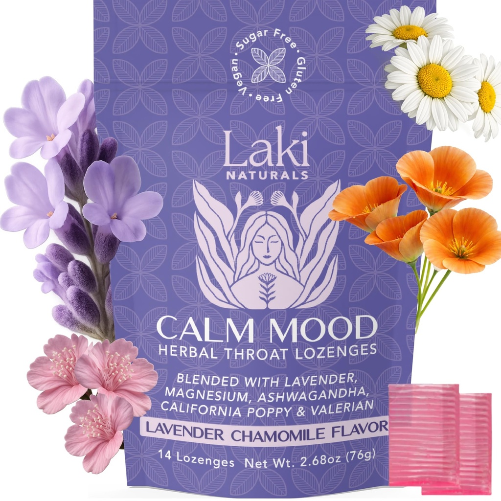 Laki Naturals Lavender harmančeka Pokoj Mood Funkčné bylinné Lozenges (14ct) Hrdlo a upokojujúce tvrdé sviečky s horčíkom, Ashwagandha, California Poppy & Valerian. Vegán, bez cukru, bez lepku