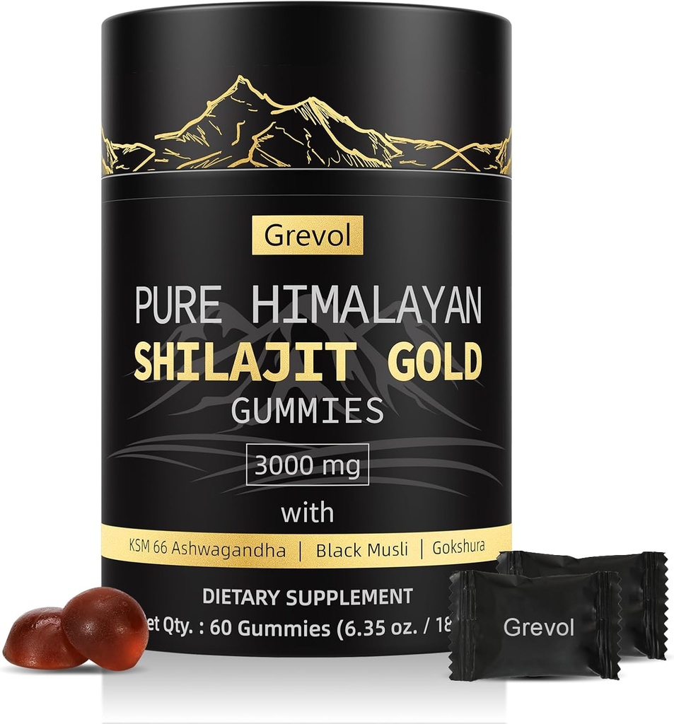 Himalayan Shilajit Gummy: Gold Grade Shilajit Bohatý s Ashwagandha Fulvic Acid & 85+ Stopové minerály - Bez pridaného cukru - Individuálne zabalené - pre mužov a ženy - 60 Gummy