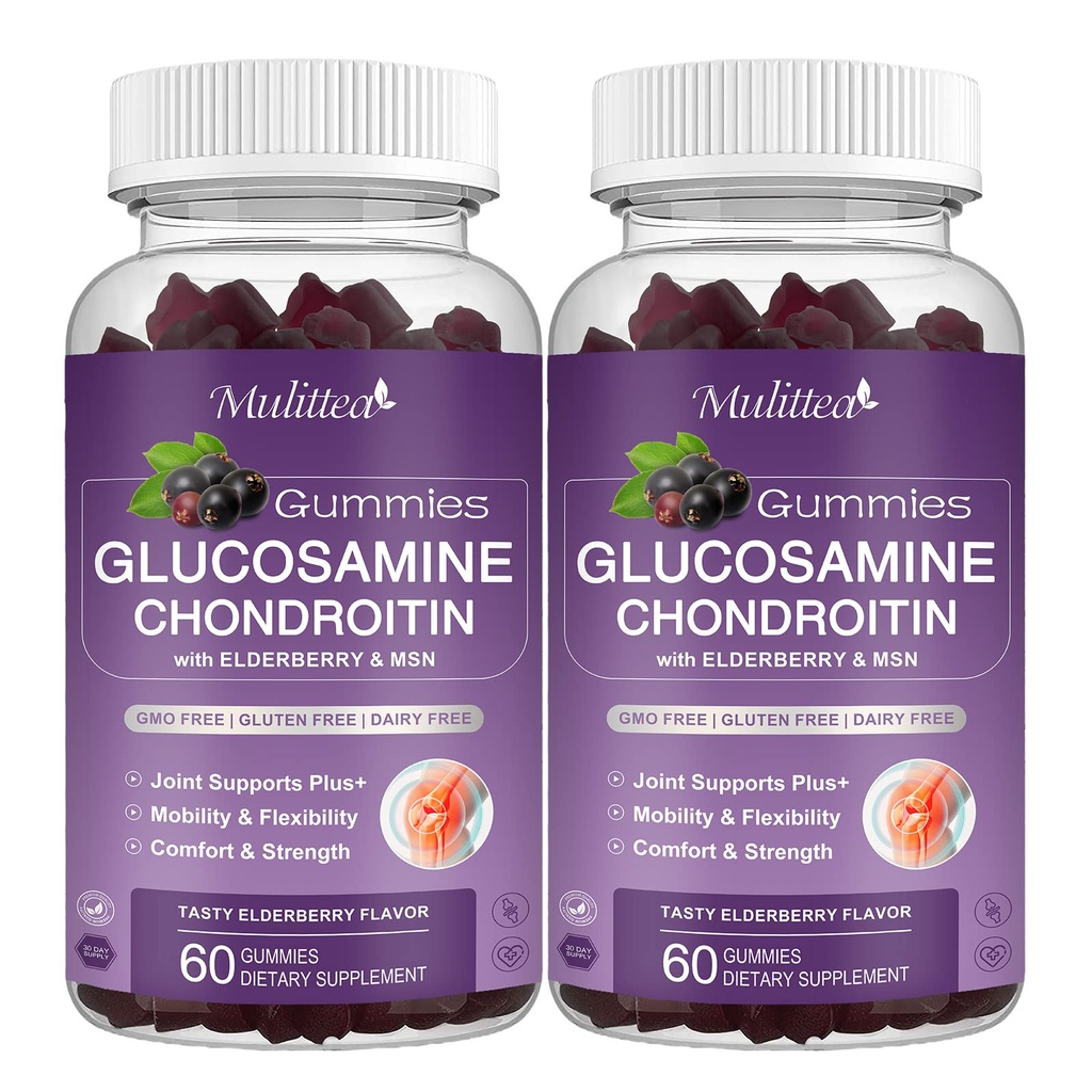 Mulittea Glukozamín Chondroitín Gummy - Extra sila Spoločná podpora doplnok s MSM a bazy pre prírodné kĺby, Antioxidant imunitná podpora pre dospelých, muži a ženy-(2 balenie)