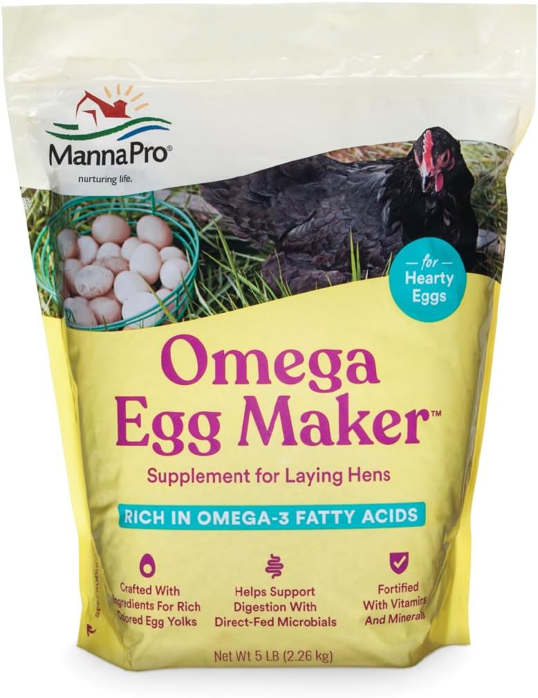 Manna Pro Omega Egg Maker, Kuracie krmivo Supplement for Laying Hens, Hydin Food with Omega-3 Mastné kyseliny, Podpora trávenia s obohatenými vitamínmi a minerálmi, 5 libier