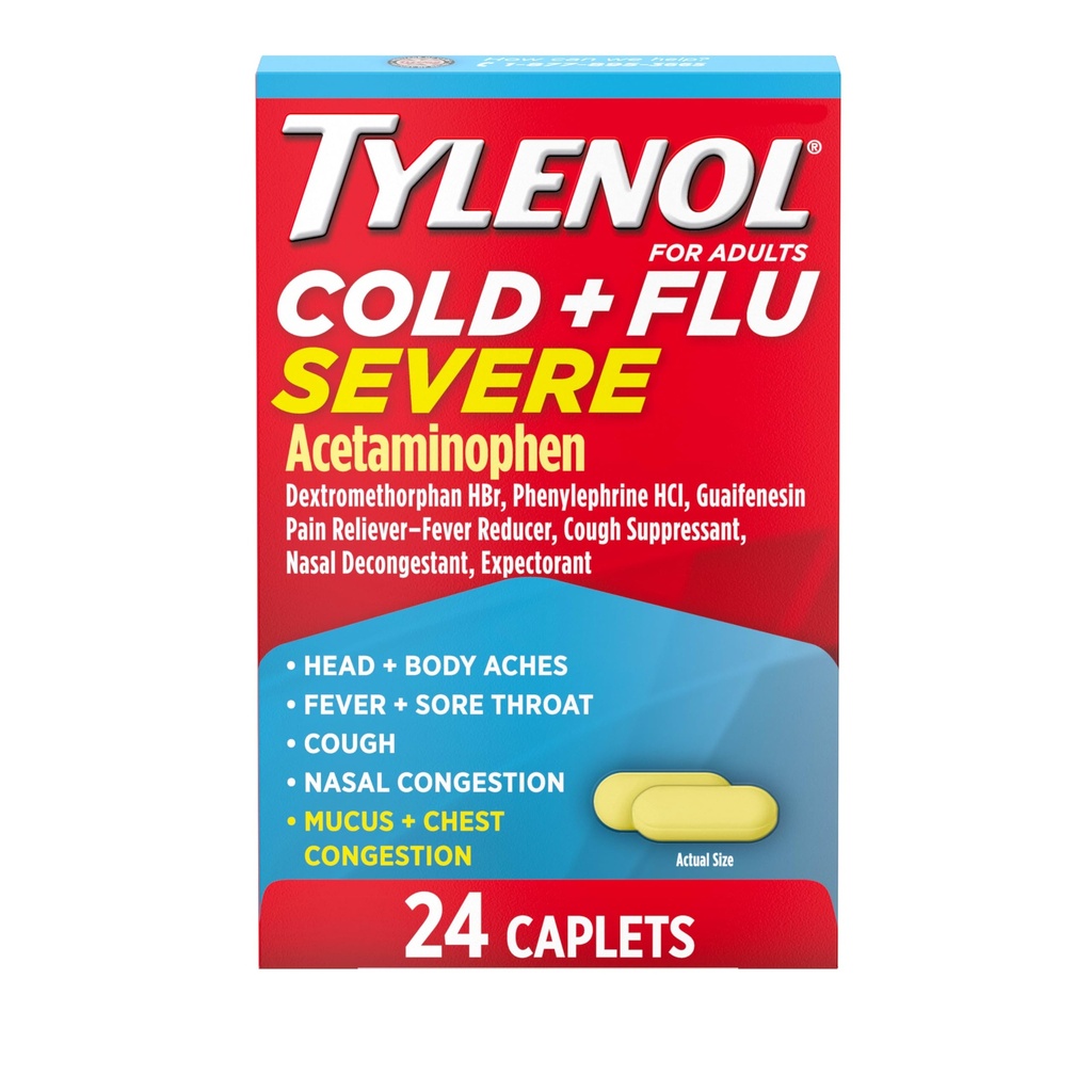 Tylenol Cold + chrípka Ťažká medicína Kaplety pre horúčku, bolesť, kašeľ a kongescia, 24 ct.