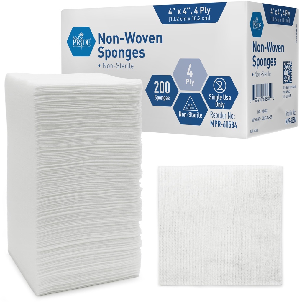 MED PRIDE Non-Woven Non-Sterile Surgical Sponges 200 Balenie, 4in X 4in 4-Ply Gauze Pads for First Aid Wound Care