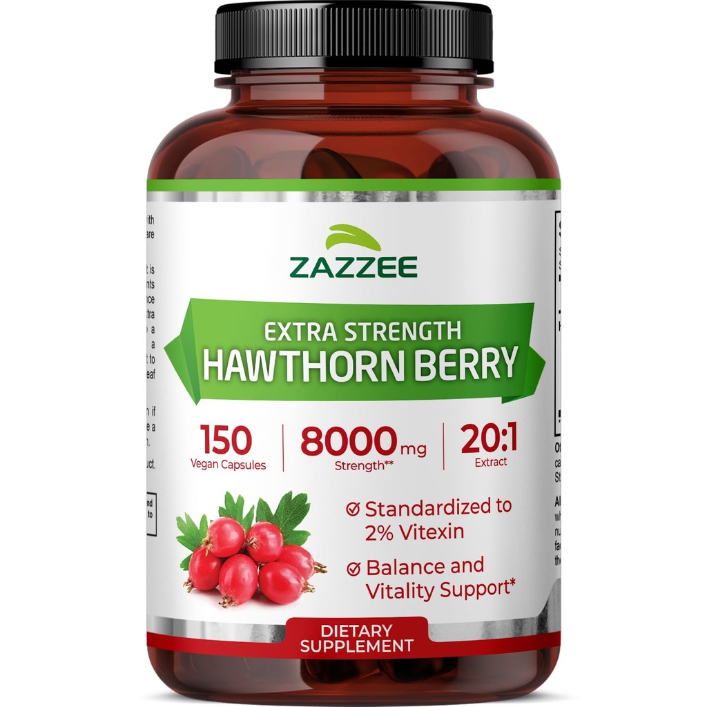 Zazzee Extra sila Hawthorn Berry 20:1 Extrakt, 8000 mg Sila, 2% Vitexin, 150 Vegánov Kapsule, 5 mesiacov Supply, Concentrated and Standardized Potent 20X Extract, non-GMO and All-Natural