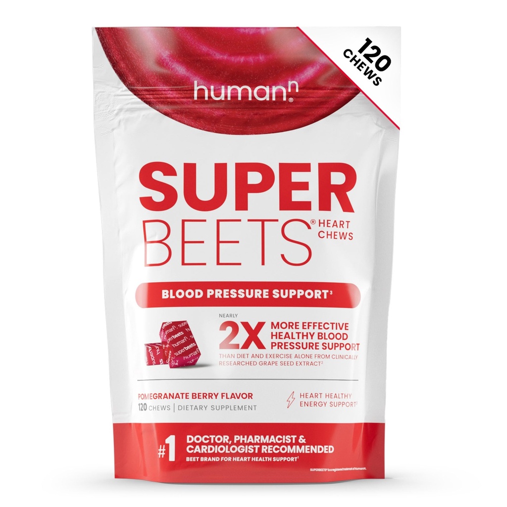 HumanN SuperBeets Heart Chews, Oxid dusnatý a podpora krvného tlaku, Hroznové semená extrakt a non-GMO Repa koreň prášok energie, granátové jablko Berry Flavor, 120 Počet
