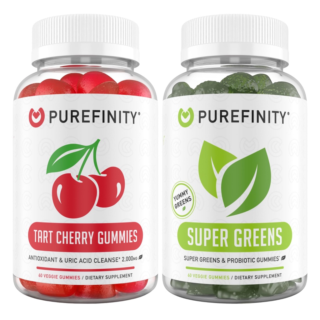 PUREFINITY Tart Cherry a Super Greens Gumies Bundle (Kyselina močových kyselín Flush a očistiť s každodennými zelenými)