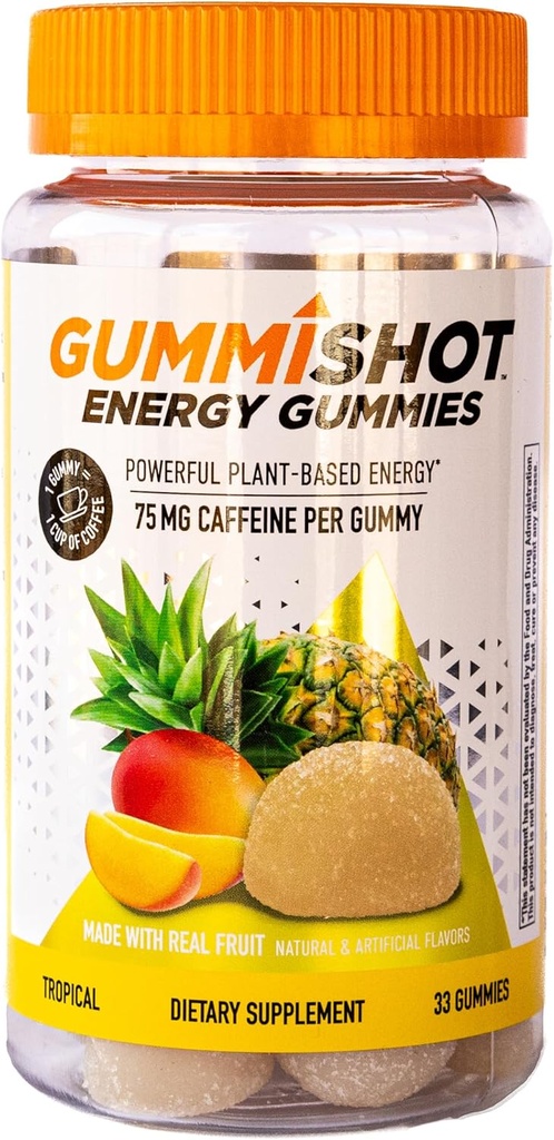GummiShot Energy Gummies, 2475mg Plant-Based Caffeine Chews per Bottle, Long Lasting Energy Boosters, Tropical (33ct)
