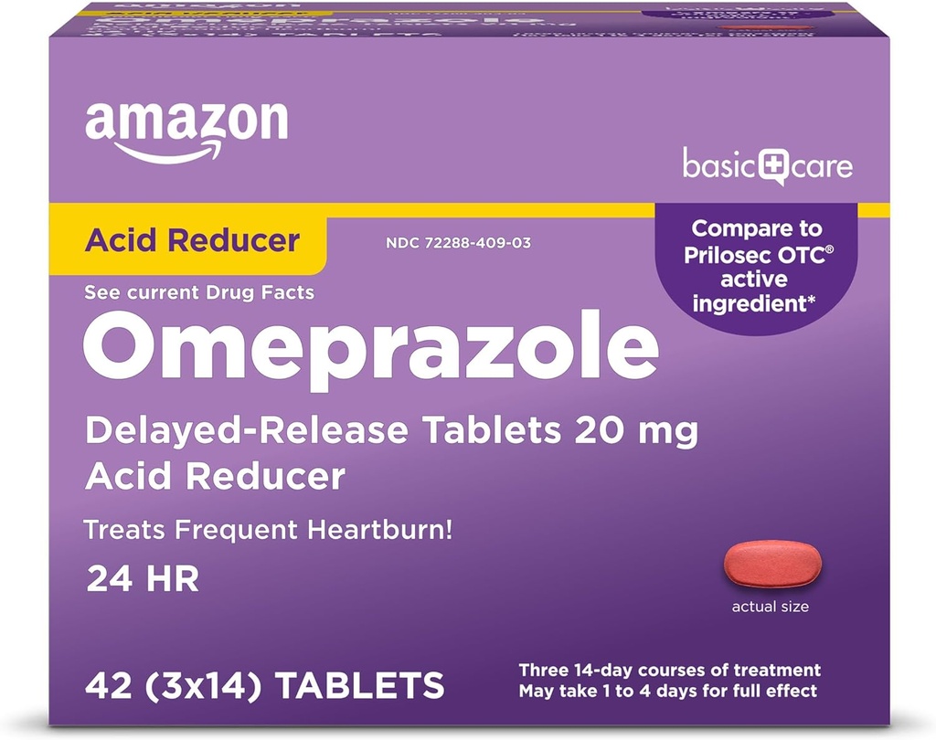 Amazon Basic Care Omeprazole Oneskorené tablety uvoľňovania 20 mg, Liečba časté pálenie záhy, Kyseliny Redukcia, Pálenie záhy Medicína, 42 Počet (Pack of 1) (Packaging sa môže líšiť)