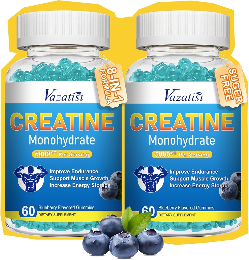 2 balenie Kreatín monohydrát Gumies pre ženy a mužov, cukor zadarmo Vegán Kreatín doplnok pre budovanie svalovej hmoty, zvýšenie energie a sily, čučoriedková príchuť, 120 Počet
