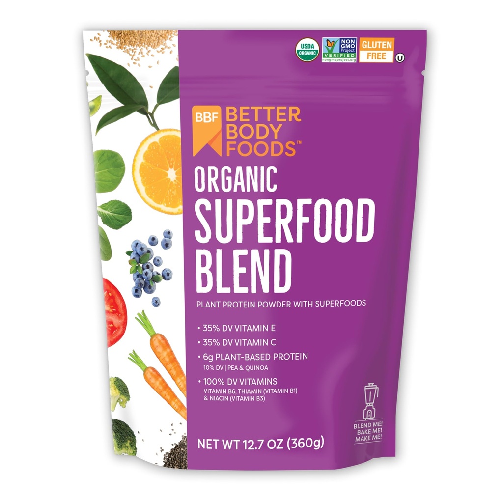 BetterBody Foods Organic Superfood Powder with Protein, Vitamíny C, E, and B12 (12.7 oz.)