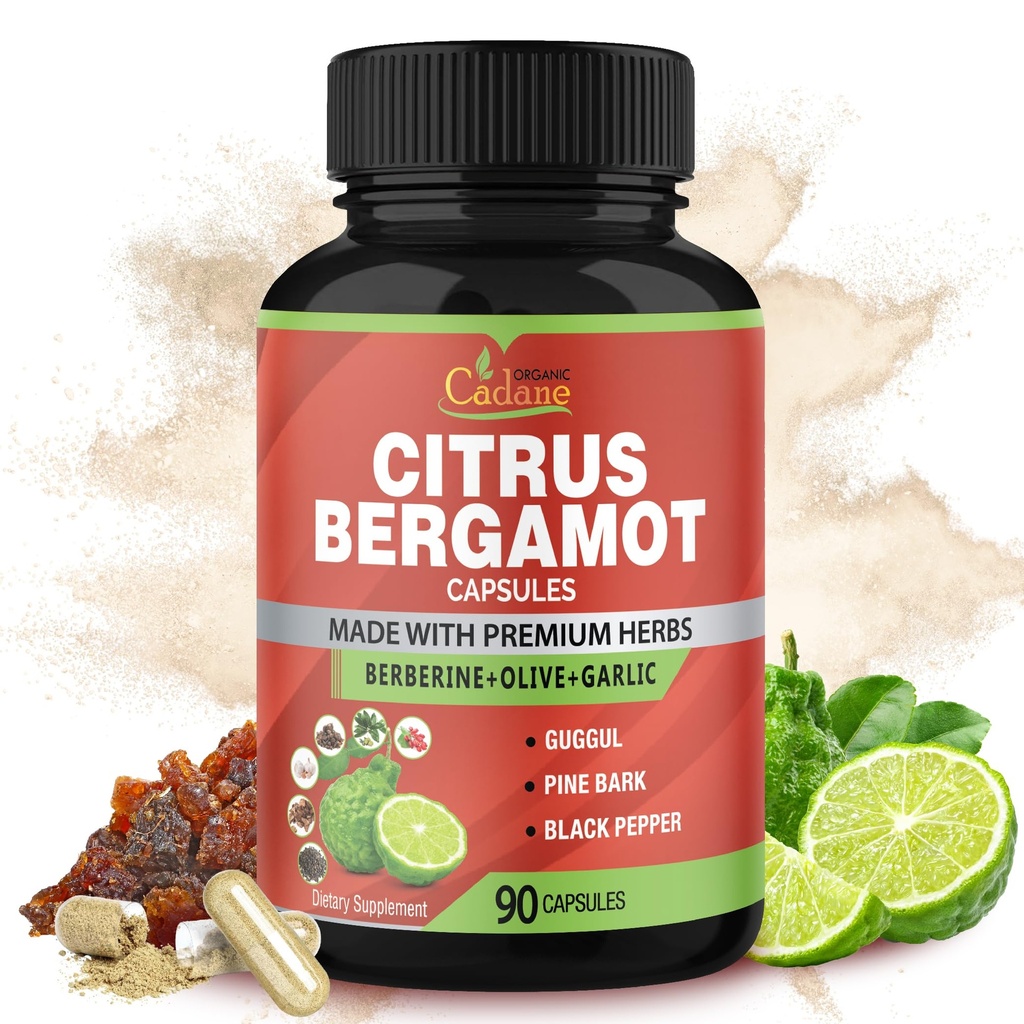 Organické Cadane Citrus Bergamot Supplement Extract Kapsule, 90 Caps, 3 mesiace Supply & Berberine, Olive, Guggul, Cesnak, Pine Bark, Black Pepper
