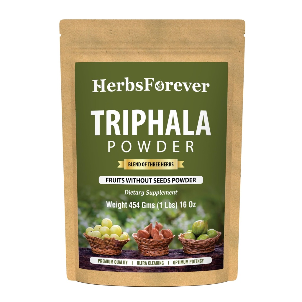 Bylinné navždy Triphala Churna Powder Tradičná ayurvedická formulácia podporuje detoxikáciu a omladenie Non GMO, Vegan 454 GMS