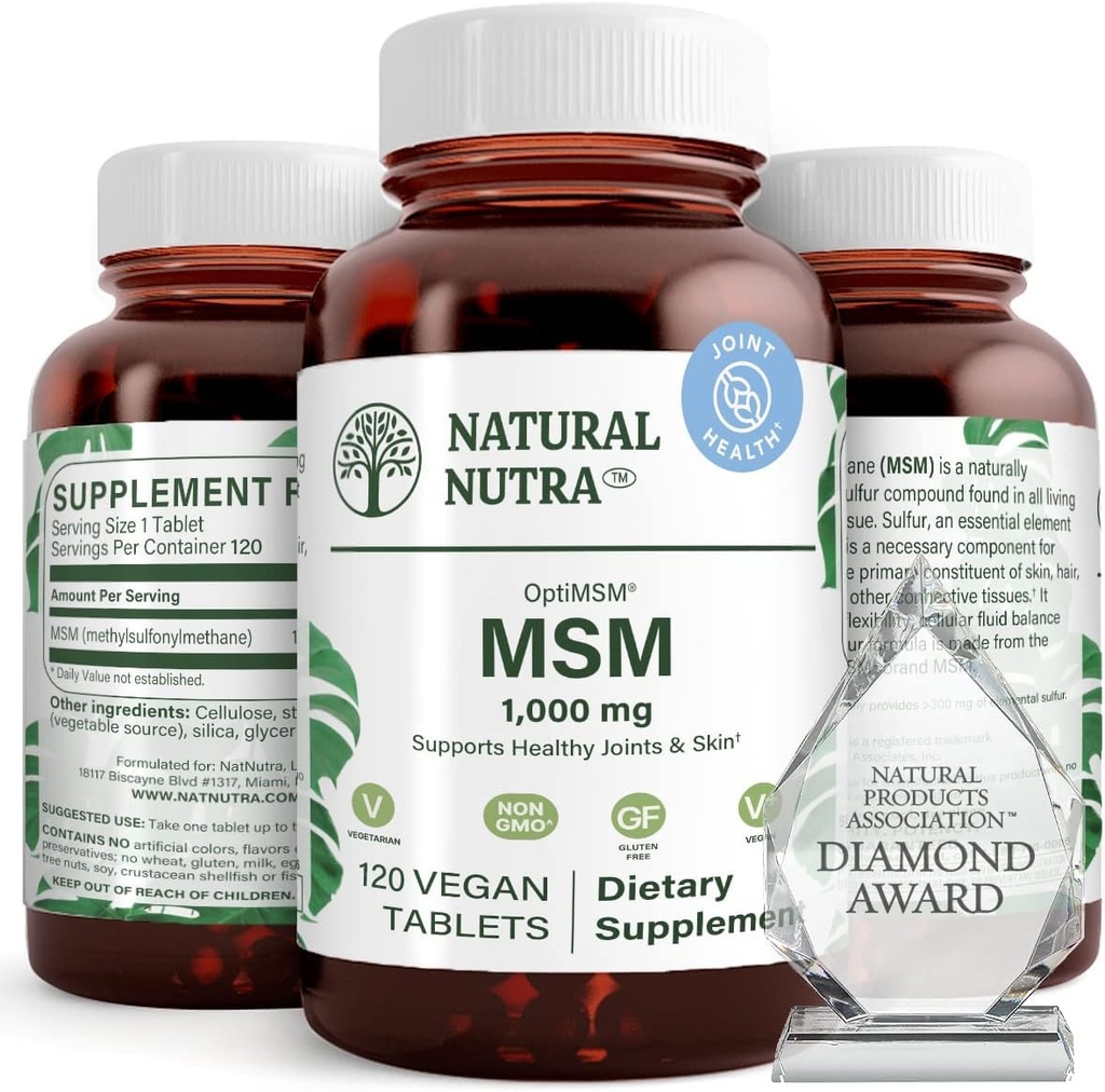 Natural Nutra OptiMSM, MSM Supplement with Sulfur, Prevent Thinning Hair, zvýšenie Joint Flexibility a zdravie kostí, Kartilage Health, pomáha podporovať Fluid Balance, 1000 mg, (120) Vegan Tablety