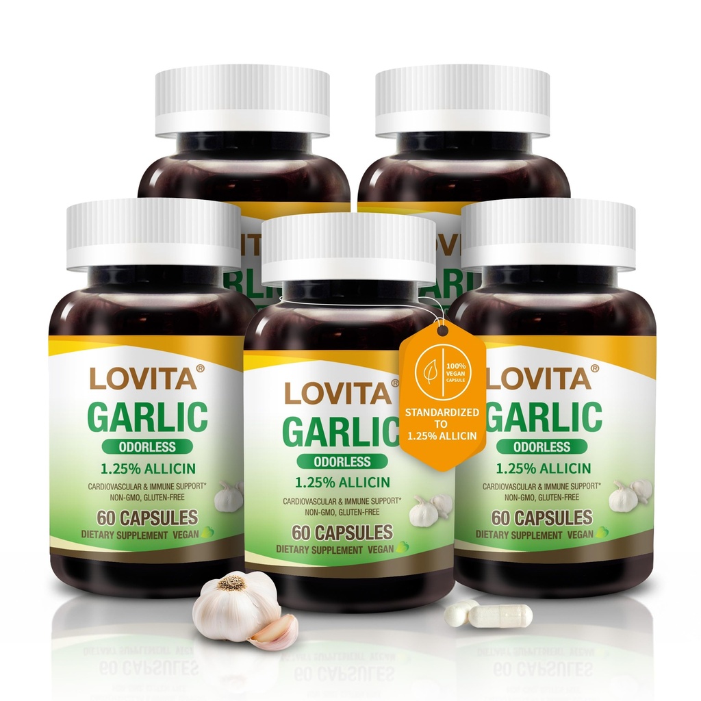 Lovita Odorless Cesnak Kapsule, 5000mg Fresh Cesnak Ekvivalent, 1,25% Allicin Extract, Supports Heart, Krvný tlak, Cholesterol & Immune System, Non-GMO, Gluten-Free, 300 Vegan Kapsule