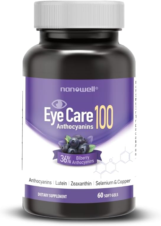 NANOWELL EyeCare Antokyaníny 100 - Očné zdravie doplnok s čučoriedkami, Zeaxantín, luteín, Antokyaníny, vitamín A, E, selén a meď - 60 Softgels, 60 dní