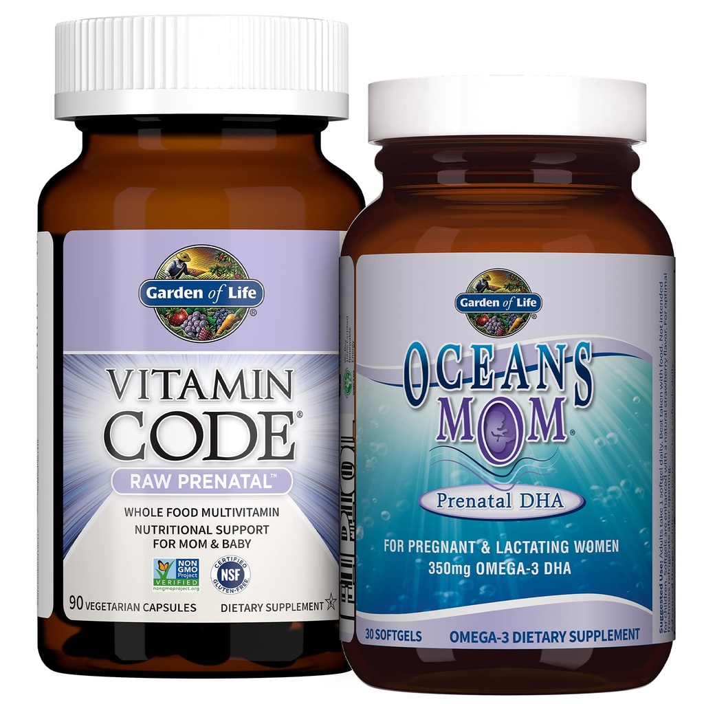 Garden of Life Prenatal Multi + DHA Bundle: Vitamínový kód Prenatálny prenatálny multivitamín s folátom, 90 Vegetariánske kapsule Plus Oceány Mama DHA raz denne, 350 mg DHA rybí olej, 30 Jahodové softgely