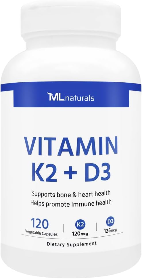 ML Naturals Vitamín K2 + D3 120 Rastlinné kapsuly, NSF-Certifikované a cGMP-Compliant